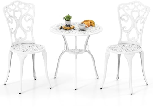 GIANTEX Ensemble de Bistro 3 Pièces, Salon de Jardin en Aluminium Coulé Résistant aux Intempéries, Trou pour Parasol, Mobilier d'Extérieur pour Patio, Jardin, Porche, Charge 180 kg (Blanc)