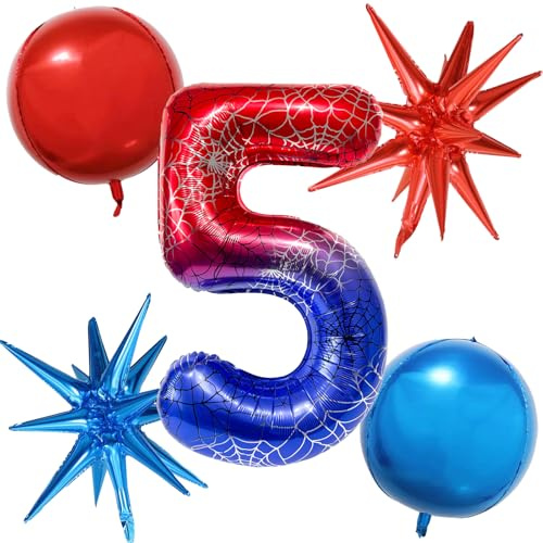 DazzJoy spindel Födelsedagsdekoration 5 år pojke, 5 st spindelballong 5 år pojke, spindel ballong 5-födelsedag pojkar, 100 cm folieballong nummer 5, spindeldekoration ballonger födelsedag 5 år