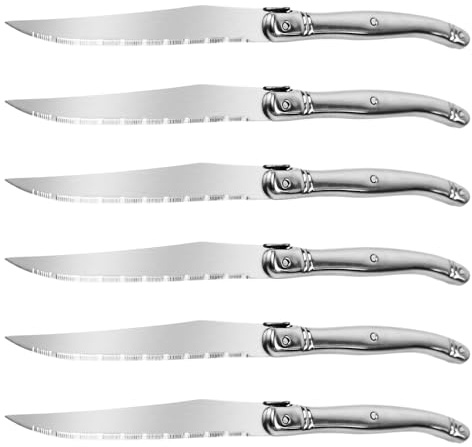 FSYGloryGlides Couteaux à Steak Laguiole - Set de 8 avec Manche en Bois, Lames Dentelées en Acier Inoxydable, Design Élégant Français, Passe au Lave-Vaisselle, Coffret Cadeau (sliver-6)