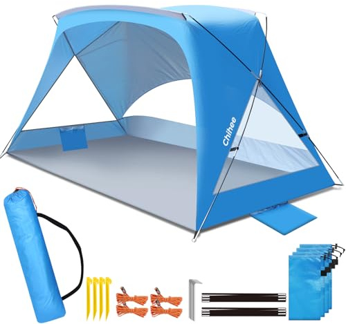 Chihee Beach Tent 1-2 Person Portable Camping Sun Shelter with UV Protection Silver Coated Canopy, Lightweight Beach Shade with Extra & Built-in Sandbags Mesh Windows Flat-top for Beach Camping Picnic