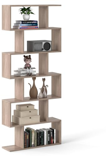 COSTWAY Scaffale a 6 Ripiani, Libreria a Forma di S, Libreria Scaffale da Terra in Legno, Divisorio per Soggiorno, Camera da Letto, Ufficio, 80 x 23 x 192 cm (Quercia)
