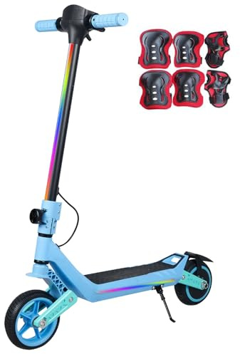 Patinete eléctrico para niños, patinete eléctrico de doble suspensión con luces de arco iris de colores e indicador LED, alcance de 12 km, regalos para niños y niñas a partir de 6 años (azul)