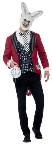 Smiffys Déguisement Lapin blanc Deluxe, Rouge, avec veste, fausse chemise, masque en EVA et montre à gousset Halloween