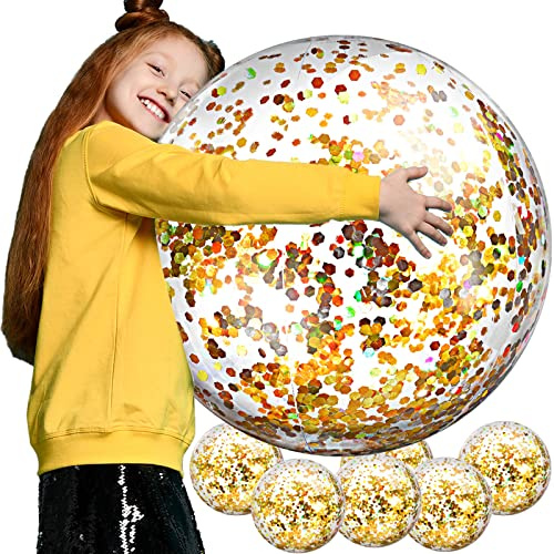 Civaner 6 Pcs Summer Gold Inflatable Glitter Beach Balls 24 Inch Large Sparkly Confetti Swimming Pool Balls Sequins Clear Floatable Blow up Balloon Toys for Wedding Baby Shower Birthday Party Favor