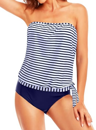 Holipick Zweiteiliger trägerloser Tankini-Badeanzug für Damen, Bandeau-Badeanzüge, Blouson, Tankini-Tops mit Bikinihose, Teenager, Mädchen, Blau gestreift, XL