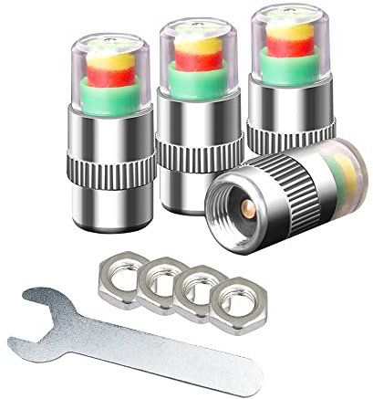 Aiqeer 4 Pezzi Tappi Valvola Pneumatico, Monitor Pressione Pneumatici Auto, Copertura Stelo Valvola Pneumatico, Indicatore Sensore Sicurezza di Avvertenza a 3 Colori, con Dadi e Chiave Inglese