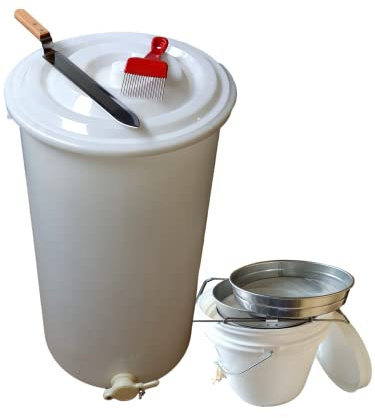 Beekeeping Supplies UK Ltd - Honey Processing Kit - contains: 2 Frames Plastic Honey Extractor, 20L Plastic Settling Tank, Double Honey Strainer, Uncapping Tools