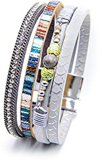 KunBead Jewelry Grey Leather Wrap Bracelets for Women Handmade Braided Boho Multilayer Magnetic Buckle Bracelet Wristband Cuff Bangle Birthday Gifts