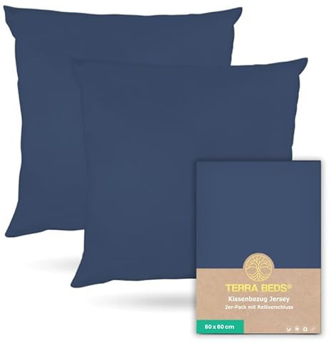 Terra Beds Kissenbezug - 100% Baumwolle Jersey 160 g/m², Oeko-Tex Zertifiziert - Kopfkissenbezug mit Reißverschluss, dehnbar, atmungsaktiv (Dunkelblau) - Set mit 2 für 60x60 Kissen