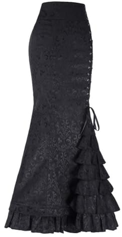 seiveini Jupe Steampunk Femme Jupe Gothique Taille Haute À Volants Jupe Longue Femme Victorienne Jupe Pirate Dentelle Costume de Medievale Halloween A Noir S
