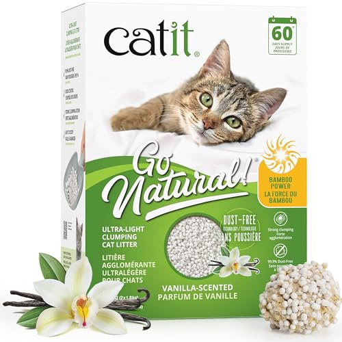 Catit Go Natural Ultra-Light Clumping Cat Litter, Bamboo Pellets, Dust-Free, Lightweight, Compostable, Vanilla Scent, Soft on Paws, Deodorizing, Eco-Friendly Litter 7.9lb
