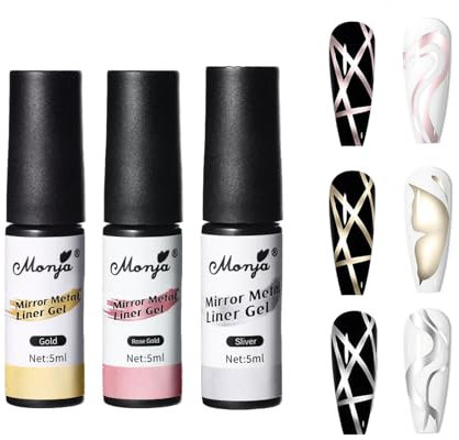 Metallic Gel Liner Nail Art 3Pcs Silver, Gold & Rose Gold Metallic Gel Nail Polish Soak off UV LED, Mirror Chrome 3D Effect Metallic Painting Gel Build in Thin Brush Painting Drawing Striper
