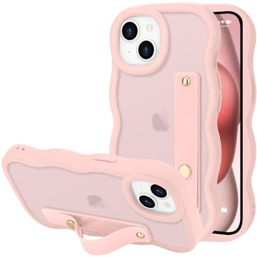 LLZ.COQUE for iPhone 15 Case, Curly Wave Frame with Adjustable Hand Strap Stand Phone Case, Translucent Matte Back Anti-scratch Shockproof Bumper Cover for iPhone 15, Pink