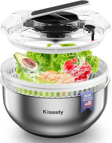 Kiseely Essoreuse à Salade en Acier Inoxydable, Grande laveuse à légumes à Pression Facile, laveuse à Fruits de 4,2 QT avec Bol en Acier Inoxydable 304 pour laitue, légumes, Herbes, Baies (BN1)