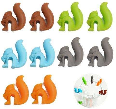 Silikon TeebeutelHalter,10 Stück Eichhörnchen Teebeutel Halter&Glasmarker,Wiederverwendbare Glasmarkierer für Trinkgläser,Weingläser,Glasmarkierung für Partys,Bunte Silikon Glasmarkierer für Getränke