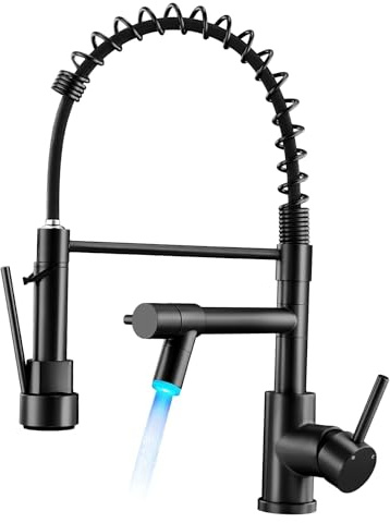 Warmiehomy LED Professionell Wasserhahn Küche,360° Schwenkbar Küchenarmatur mit Zwei Auslauf,Hoher Bogen Spiralfeder Brause Armatur Küche für Spültischarmatur,Schwarz