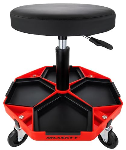 HASKYY Werkstatthocker Arbeitshocker Praxishocker 43-58cm - Bis 150kg belastbar - Gepolsterter Werkstattsitz mit 360° Rollen & Ablagefächern Schwarz/Rot