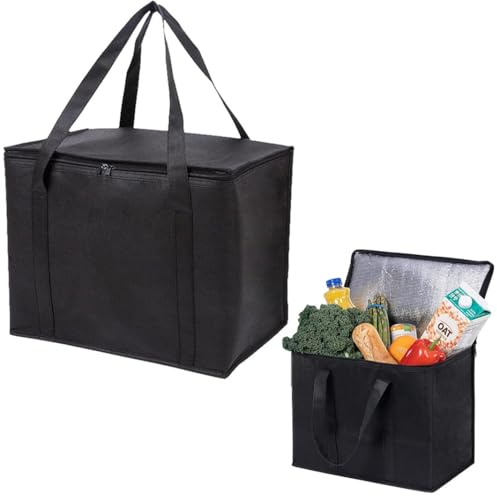 Thermally Insulated Shopping Bags,Black Cool Bag,30x25x25 Cm Insulated Cooler Bag,Collapsible Cooler Bag with Zipper Closure,Warm Or Cool Insulated,Reusable Shopping Bags,for Camping,BBQ,Shopping.