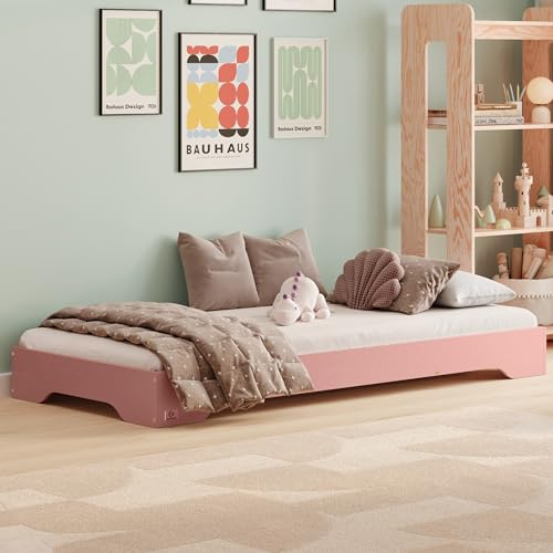 smartwood Barnsäng 100x200 Rosa - Golvsäng i furu med FSC-certifierat trä - Montessorisäng med böjd ribbotten upp till 230 kg för pojkar och flickor - Enkel montering - TILA 7