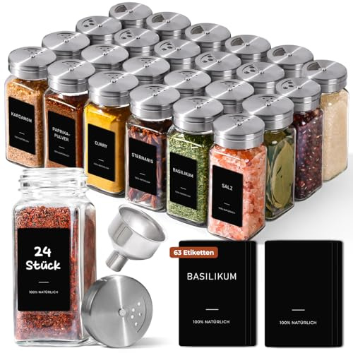 ComSaf Spice Jars with Shaker lids Adjustable, 4oz 24PCS，45 Labels, Comdiment Jars Set, Empty Spice Containers and Square Ingredient Bottles for Kitchen and Seasoning, Bulk Salt and Pepper Shaker Set