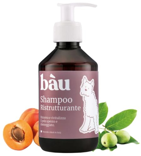 Bau Shampoo Ristrutturante Cane con Estratti di Albicocca e Noce – Shampoo Rigenerante per Pelo Secco, Opaco e Danneggiato, Idratante e Illuminante per Mantello Morbido e Lucente