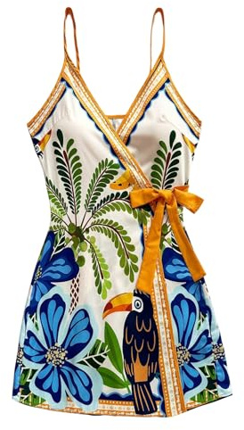 SOLY HUX Women's Tropical Print Mini Dress Summer Wrap V Neck Bow Tie Vacation Dresses Multicolor Floral Large