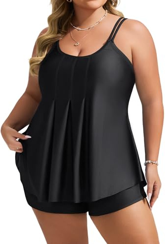 Hanna Nikole Tankini damer stora storlekar, tvådelad, flytande tankini-toppar och badshorts med hög midja, bekväm magkontroll, baddräkt, badmode, justerbar, dubbla axelband, elegant baddräkt, svart