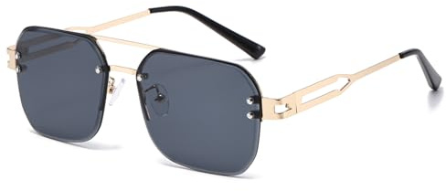 Long Keeper Pilot Sunglasses for Men Women Rimless Square Sunglasses Double Bridge Metal Tinted Sun Glasses UV400 Protection Aviation Vintage Shades (Gold Frame - Dark Grey Lens)