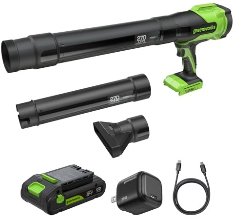 Greenworks 24V Soffiatore a Batteria con 4Ah & Caricatore 65W PD, 209km/h 7,65m³/min Potente da Giardino & Auto, Leggero, Velocità Variabile BL1002HA1
