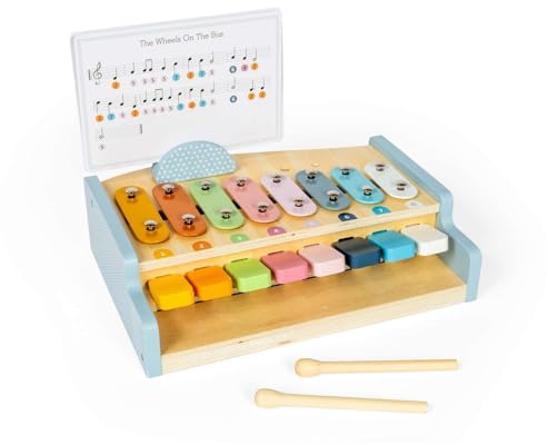 Bigjigs Toys Xylo Piano | Wooden Piano & Xylophone | 2 in 1 Musical Toy | 8 Key Toddler Keyboard | Baby Instruments with Beaters & Song Sheets | Early Learning Music Gift for Children Age 18 Months+