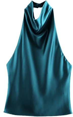Top Femme en Soie satinée Luxueuse à Licou, col Montant drapé, Dos Nu élégant, sans Manches, Fluide et Glamour, Parfait pour Les Sorties et Occasions spéciales Chic