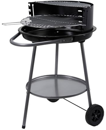 Well Home Barbacoa de Carbón Redonda Ø51 cm con Ruedas y Cortavientos - Parrilla Doble de Cocción - con Cuba Esmaltada y Asa