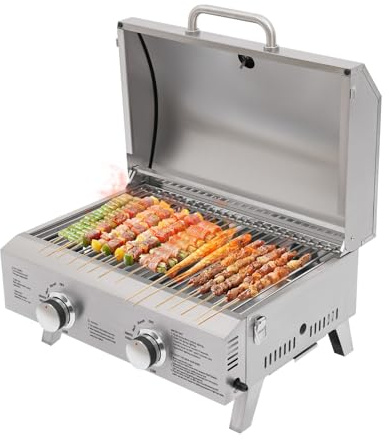 Barbacoa de gas de mesa de acero inoxidable, 2 quemadores, parrilla de gas portátil con termómetro, barbacoa de gas, camping para barbacoa, balcón, camping al aire libre