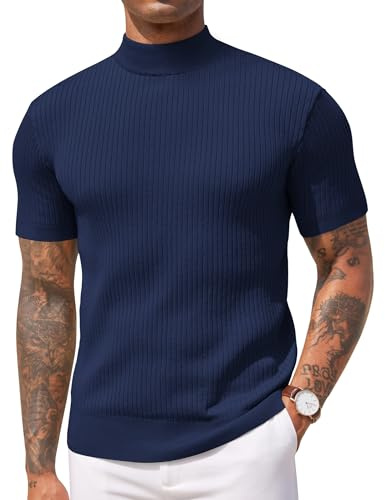 COOFANDY Men's Turtleneck Fine Knit T Shirt Short Sleeve Stand Collar Top Ribbed Knitted Pullover Stretchy Solid Tee Navy Blue M