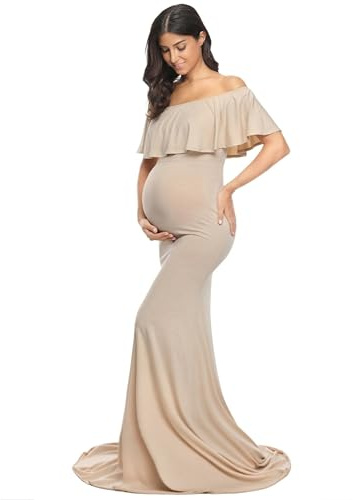 Glampunch Womens Off Shoulder Maternity Dress Ruffles Elegant Slim Gowns Fit Maxi Photography Dress Beige