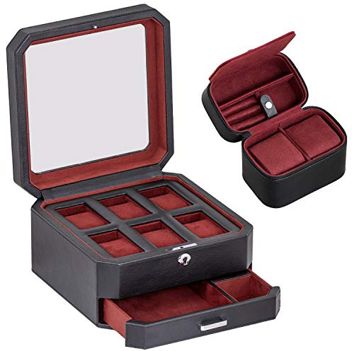Geschenkset mit 6 Lederfächern & 2 Uhren-Reiseetuis – Luxus-Uhrenetui-Organizer, Micro-Veloursleder-Futter, abschließbarer Herren-Schmuckhalter, Aufbewahrungsboxen mit Glasplatte, Schwarz/Rot