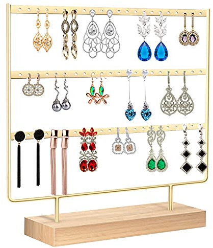 Discoball Earring Holder Stand,Hanging Jewelry Organizer – 3 Tier Tabletop Earrings Display Stand Holder (66hole, Gold)