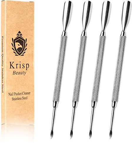 Cuticle Pusher Tools - Professional Nail Cuticle Pusher Cuticle Remover Cuticle Trimmer Spoon Shaped Nail Cleaner Dual Sided Metal Stainless Steel Manicure Pedicure for Women 4 Pack Set Krisp Beauty