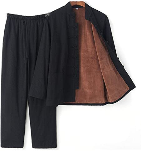 QPZK Tang-Anzug für Herren, Kung-Fu-Kampfanzug, lange Ärmel, Uniformen, Herbst und Winter, plus traditionelle chinesische Kleidung, verdickte Wärme, Tai-Chi-Anzug, Hanfu-Mantel, Hose, Schwarz ,
