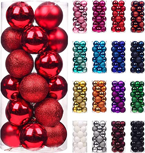 Treer 24 Stück Weihnachtskugeln Kunststoff Christbaumkugeln Set, Bruchsicher Mehrweg Christbaumschmuck zum Aufhängen, Matt Glänzend Glitzernd Weihnachtsbaum Kugeln Weihnachtsdeko (6cm,rot)