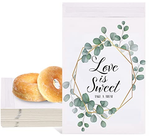 Whaline 150Pcs Wedding Favors Candy Buffet Bags with Gold Border Pattern Self-Adhesive Love Is Sweet Wedding Treat Bag Green Leaf Pattern Cookie Snack Bag Party Favor Bags for Gifts, 5x 7.3Inch