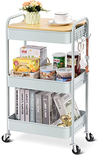 KINGRACK 3 Tier Metal Storage Trolley on Wheels with Removeable Wooden Worktop Trap Table Cover, Beauty Book Craft Tea Art Trolley for Home Bathroom Kitchen Laundry, No screws needed Easy