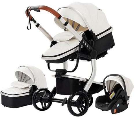 3 in 1 Kombikinderwagen 3 in 1 Neugeborenen Kinderwagen Reisesysteme Infant Hochlandschaft Liegender Buggy Kinderwagen Kinderwagen Faltbarer Standardkinderwagen (518 White)