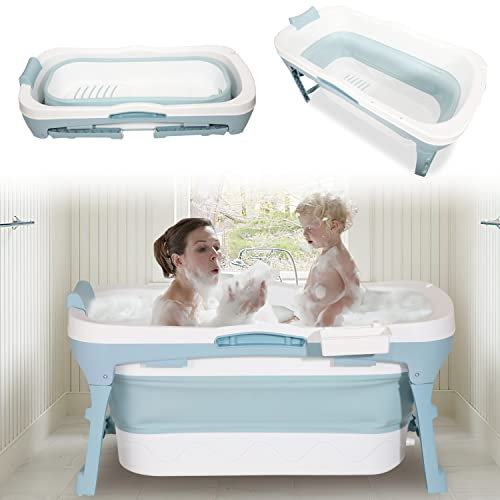 Ikodm Baignoire pliable pour adulte 149 x 60 x 50 cm,Pliable - Avec couvercle - Convient pour petite salle de bain - Bleu