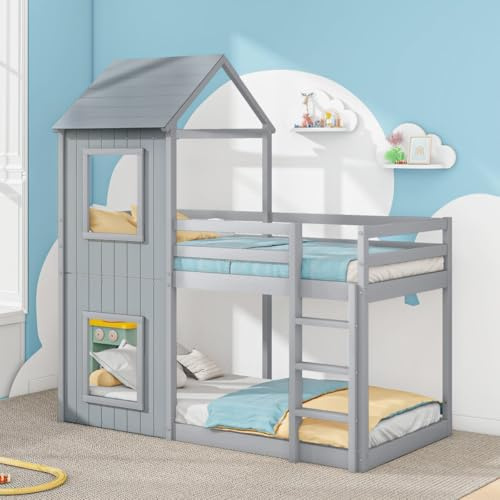Sweiko Lit superposé 90 * 200 cm,Cadre de lit pour Enfants en Forme de Maison avec échelle et baldaquin(Grau)