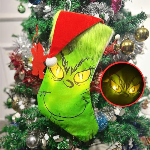 Christmas Stocking with LED Light, 14.98 inch Red Green Hanging Stocking, Candy Gift Socks Christmas Ornament Decorations for Family Holiday Xmas Party Decorations (One Size, Christmas Stocking)