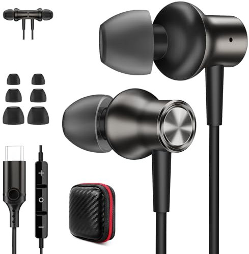 Jiunai Écouteurs USB C pour Samsung S25, casque filaire de type C avec micro intra-auriculaire, isolation magnétique du bruit, télécommande stéréo, écouteurs filaires pour iPhone 16, 16e, 15, Galaxy