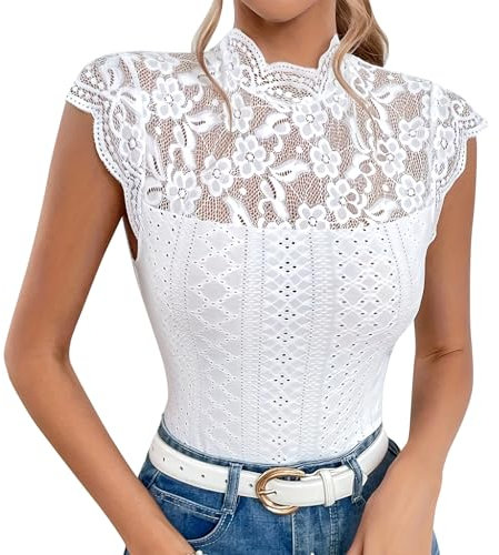 Odizli Spitzen Oberteile Damen Sommer Elegant Sexy Kurzarm Rollkragen Blume Spitze Durchsichtig Rückenfreies Enge Top Bluse Spitzentop Spitzenbluse Festliche Hochzeit Party Trachtenbluse Weiß M