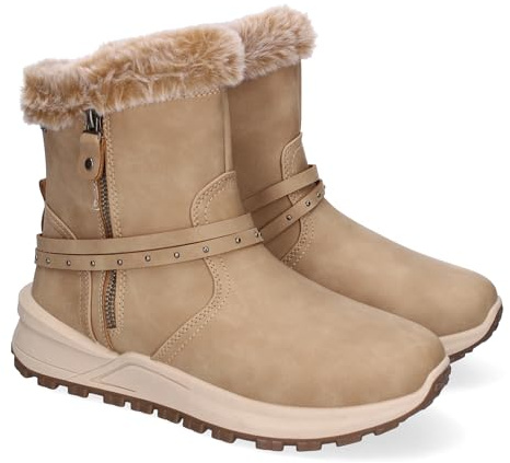 shoes&blues.es 87237 Botines de Invierno Planos para Mujer, Comodos y Elegantes, Diseno Moderno, Detalle de Pelo y Adorno de Correa, Cierre de Cremallera. Kaki Talla 38