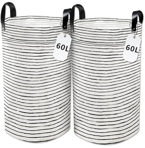WPPQWP Faltbarer Wäschekorb, Laundry Baskets 60L (2er Set), Runder Wäschetonne mit Verstärkten Nieten PU-Ledergriffen, Groß Wasserdicht Wäschesack, für Badezimmer(Schwarz-Weiß Gestreift)